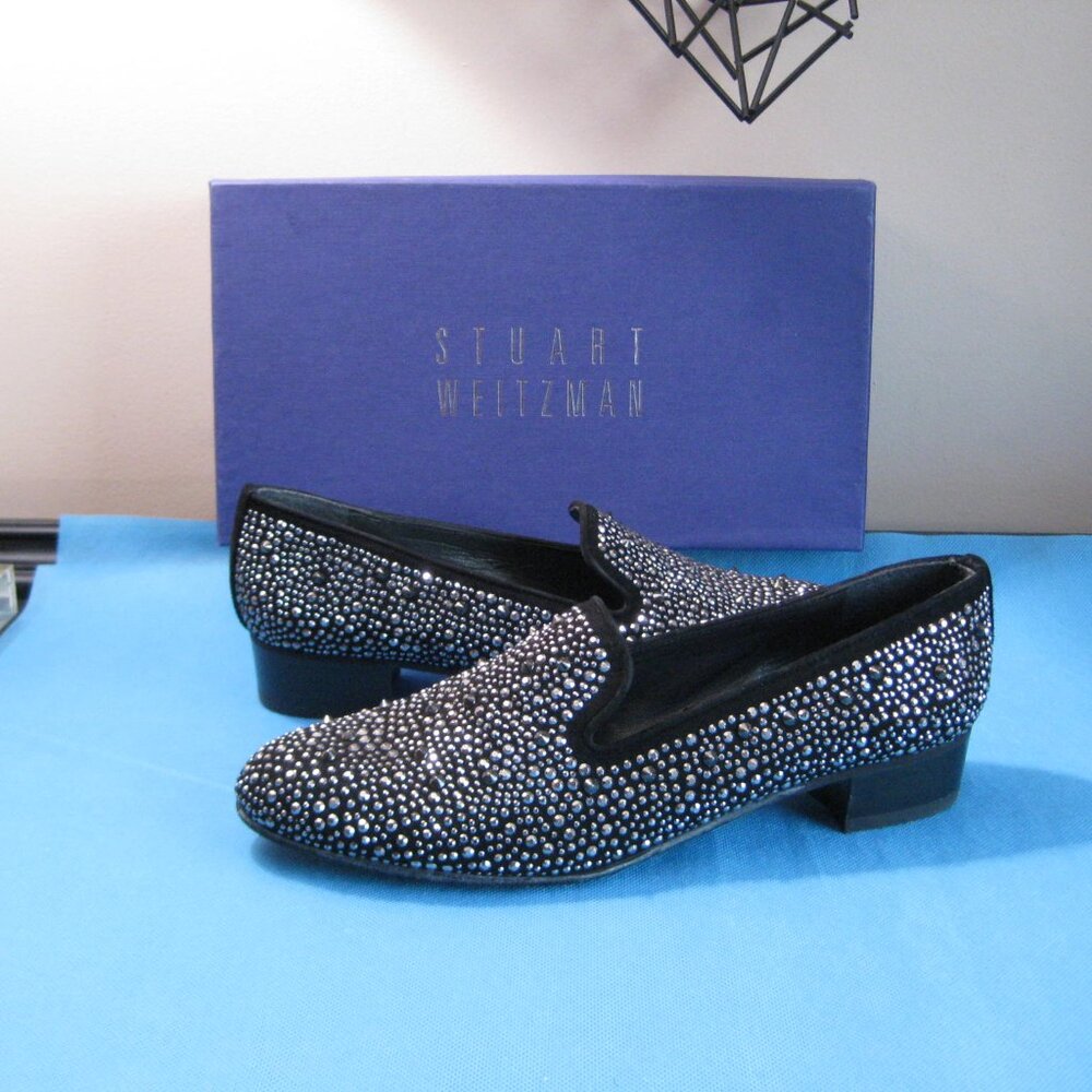 NIB Stuart Weitzman Slipbeads Black Suede Slip On Loafers 8M